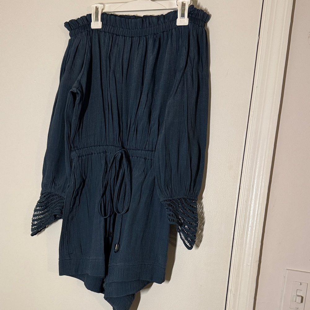 Off-Shoulder Navy Romper with Crochet Cuffs